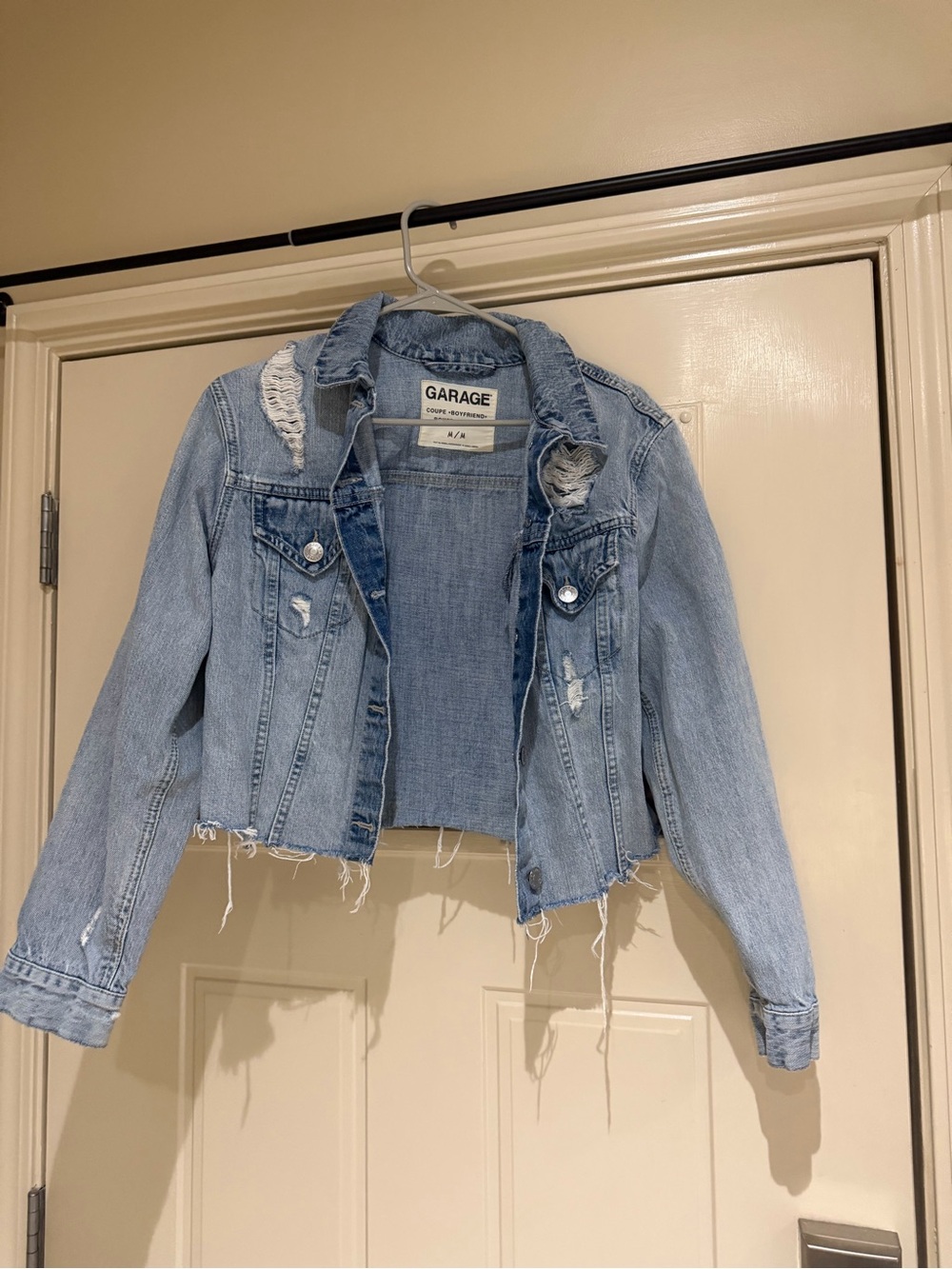 Garage Light Blue Distressed Cropped Denim Jacket with Frayed Hem
